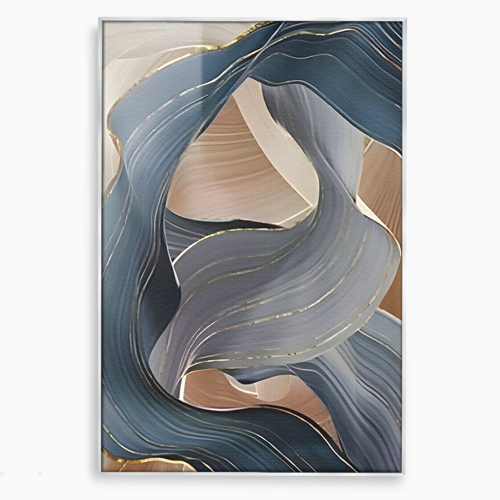 Tablou canvas cu pictura abstracta cu valuri ondulate, in rama de aluminiu argintiu